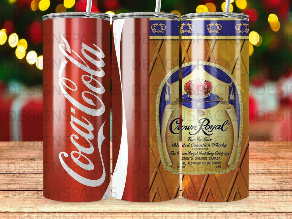 Coca-Cola and Crown Royal whisky tumblers with logos and branding.