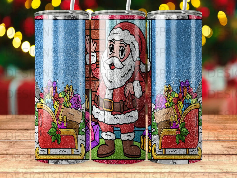Santa Claus on a sleigh with gifts, festive blue glitter background.