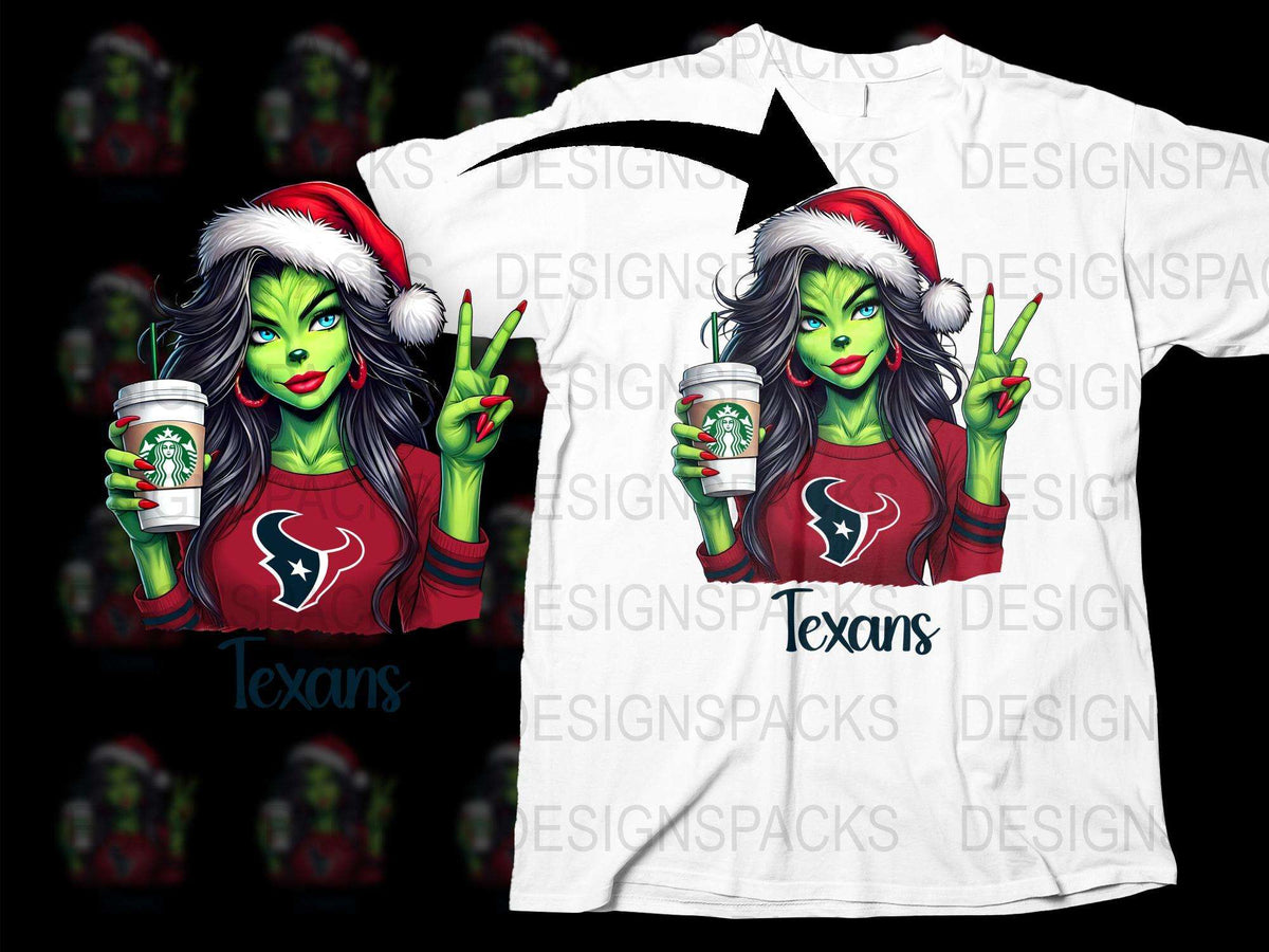 Festive Holiday T-Shirt with Green Witch Character, Houston Texans, Coffee Cup Design