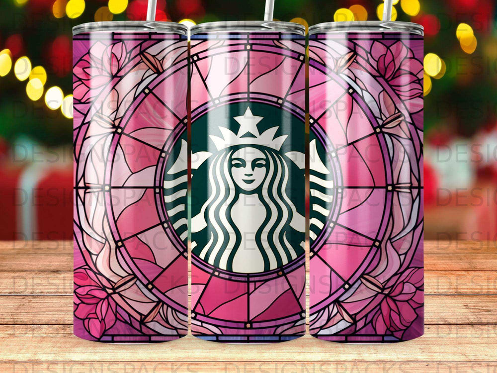 Starbucks siren logo in a pink stained glass floral design.