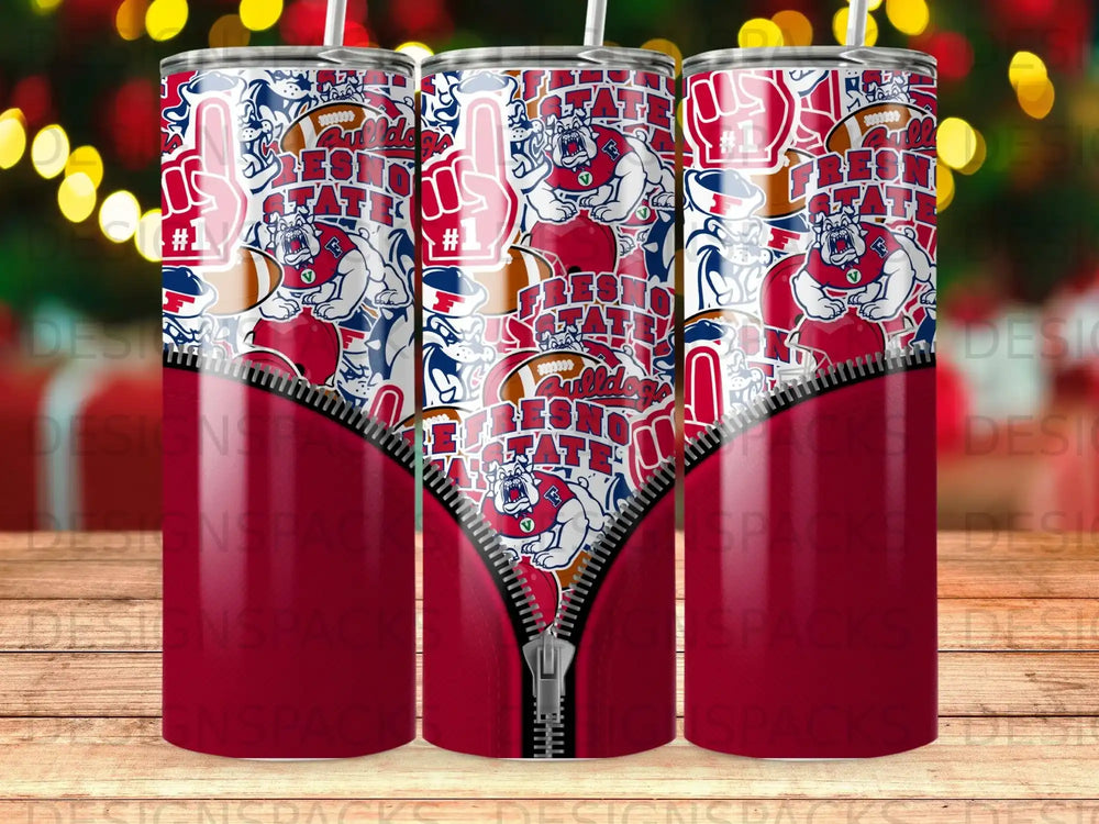 Tumbler with Bulldogs mascot, footballs, and red zipper graphic.