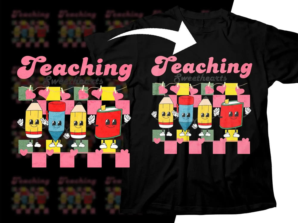 Teaching Sweethearts t-shirt design with cute pencils and books on checkered background
