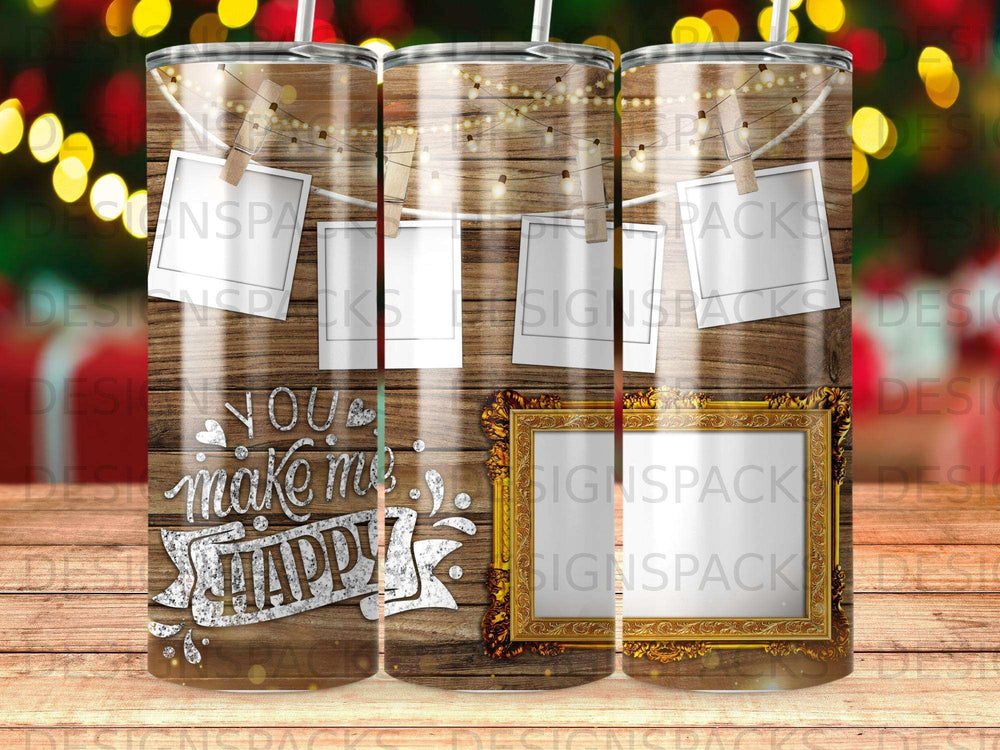 Tumbler with "You make me happy" text and string lights, framed photos.