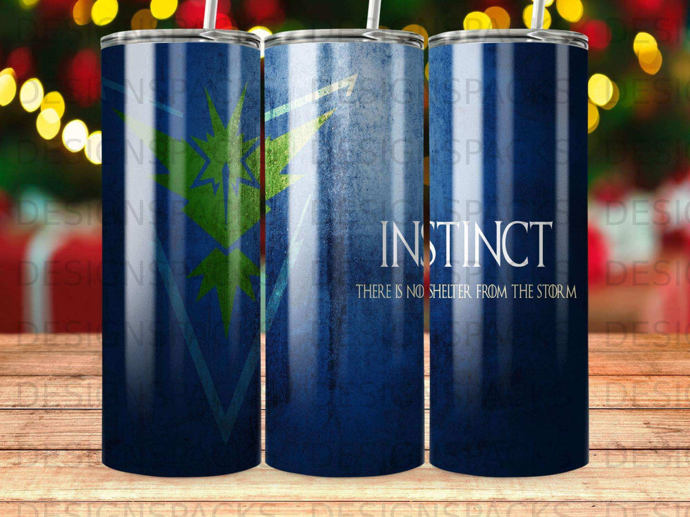 Tumbler with blue, distressed background and "INSTINCT THERE IS NO SHELTER FROM THE STORM" text.