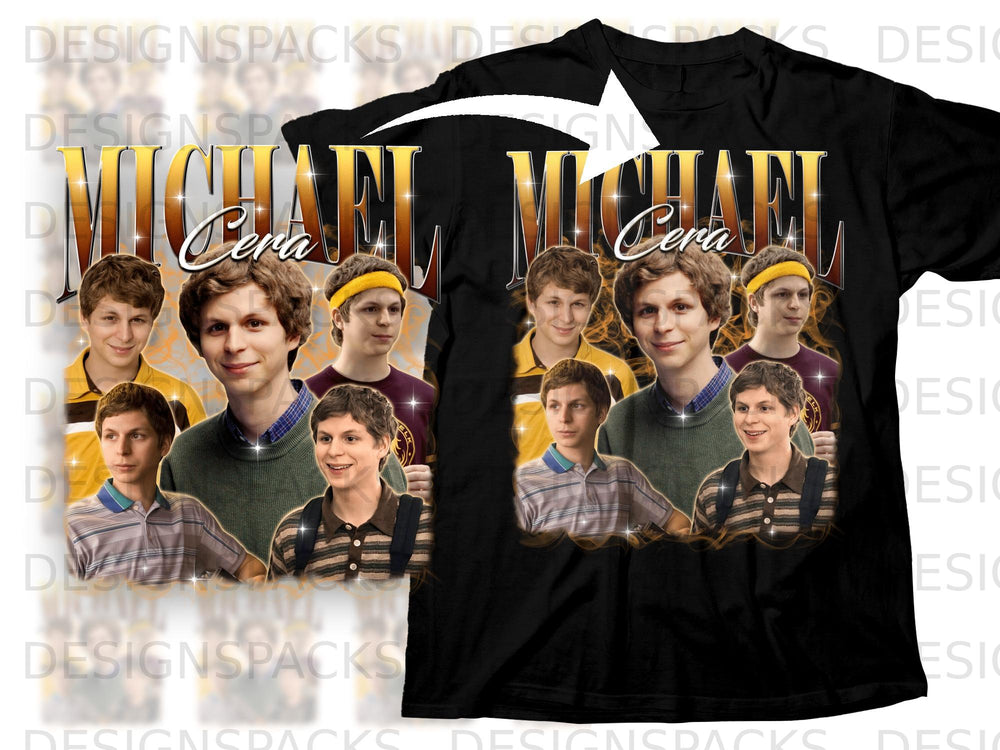 Michael Cera vintage style collage on a black t-shirt.