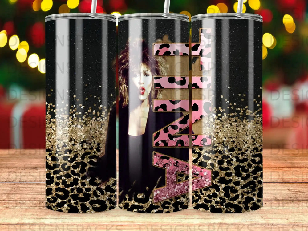 Tina Turner leopard print and glitter tumbler with pink glitter text.