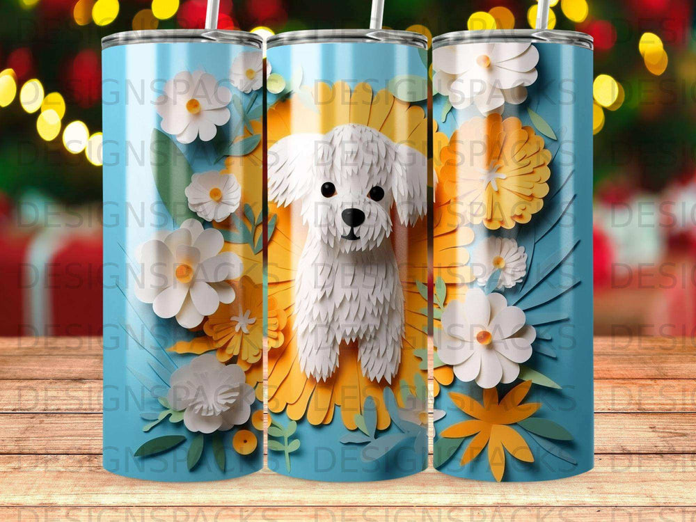 White fluffy dog with yellow flowers on a blue background.