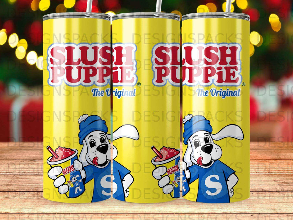 Two tall, cylindrical tumblers featuring a happy cartoon dog named "Slush Puppie".