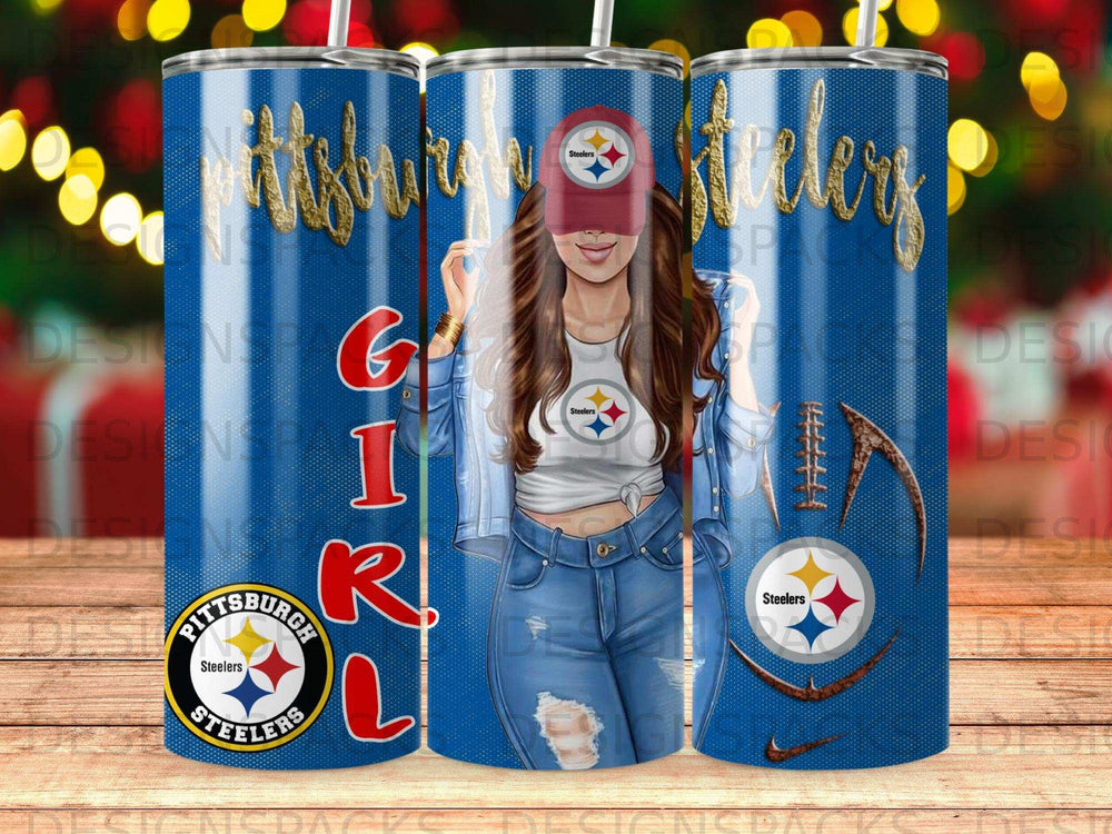 Pittsburgh Steelers tumbler with woman wearing team jersey and hat.