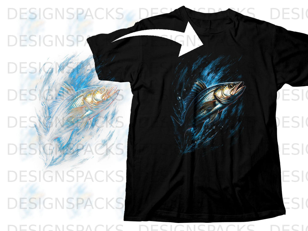 Black t-shirt with a graphic of a fish splashing through blue water.