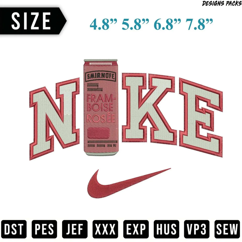 Nike logo with Smirnoff raspberry rosé text and sizes.