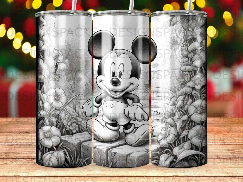 Mickey Mouse sitting on stone steps surrounded by flowers and foliage.