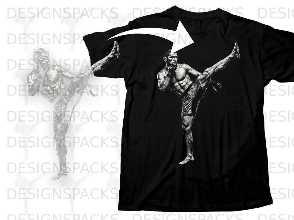 Black t-shirt with a black and white graphic of a muscular fighter performing a kick.