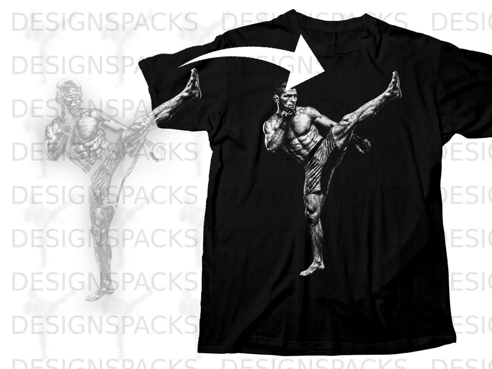 Black t-shirt with a black and white graphic of a muscular fighter performing a kick.