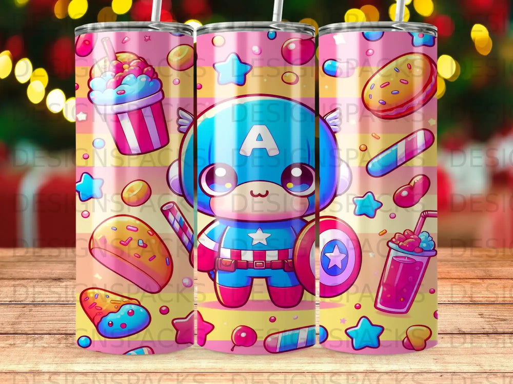 Superhero girl character with stars, donuts, and drinks on a pink background.