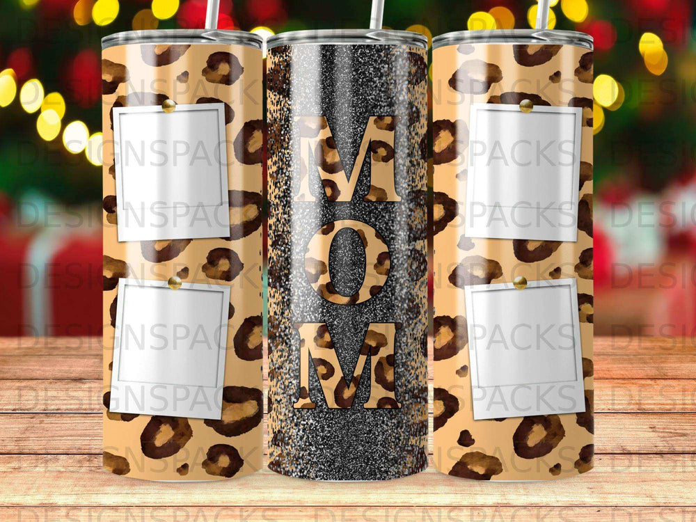 Leopard print tumbler with "MOM" in glitter lettering.