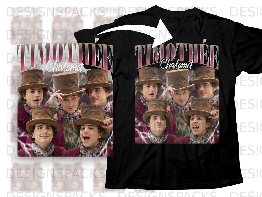 Timothée Chalamet collage with top hats and lightning graphic on black t-shirt.