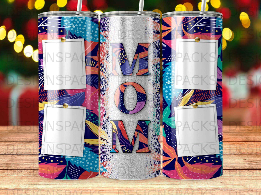 Tumbler with "MOM" in colorful letters and four photo frames.