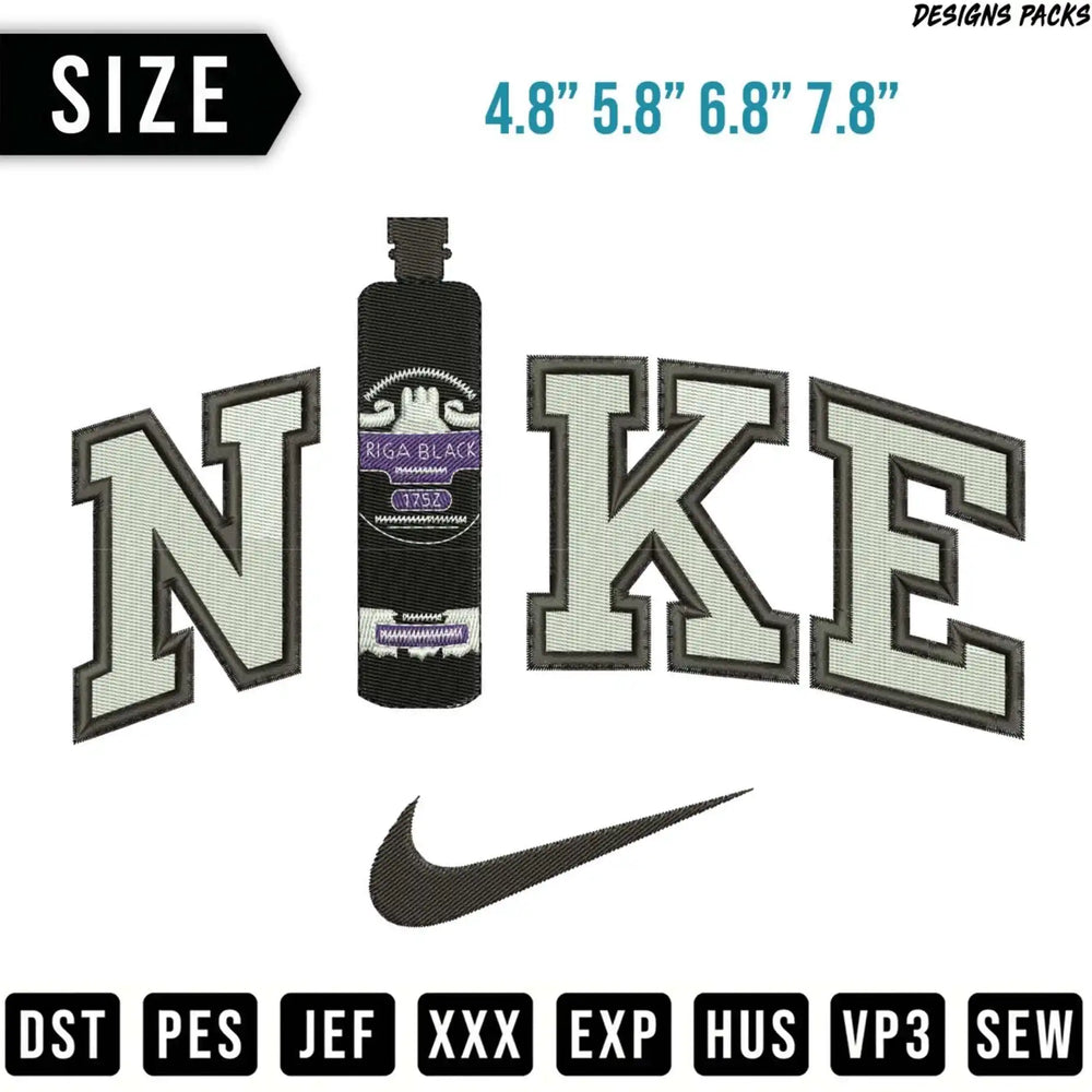 Nike logo embroidery design, available in four sizes.