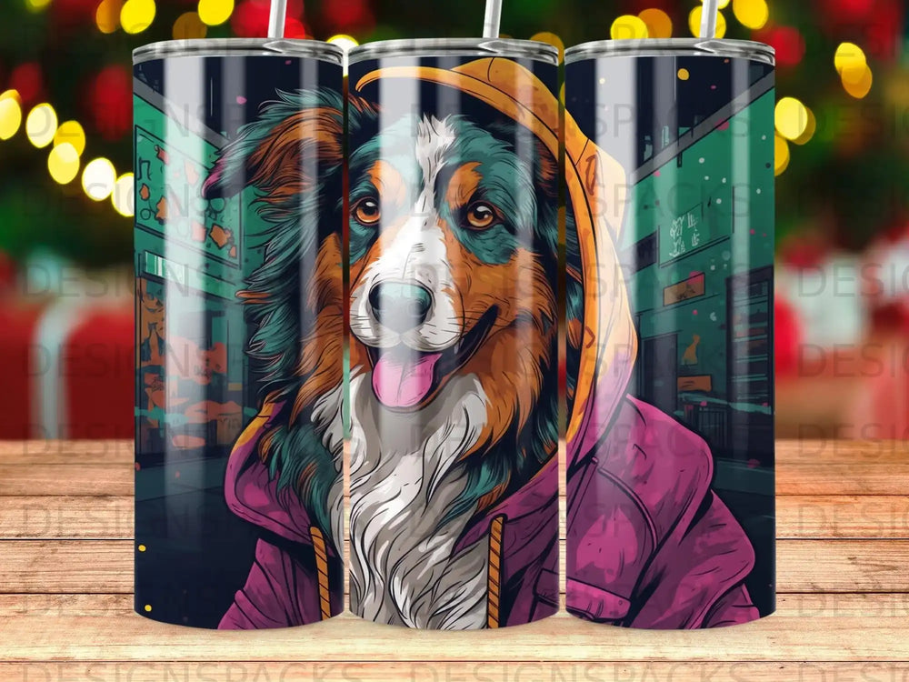 Dog wearing a hoodie against a city background.