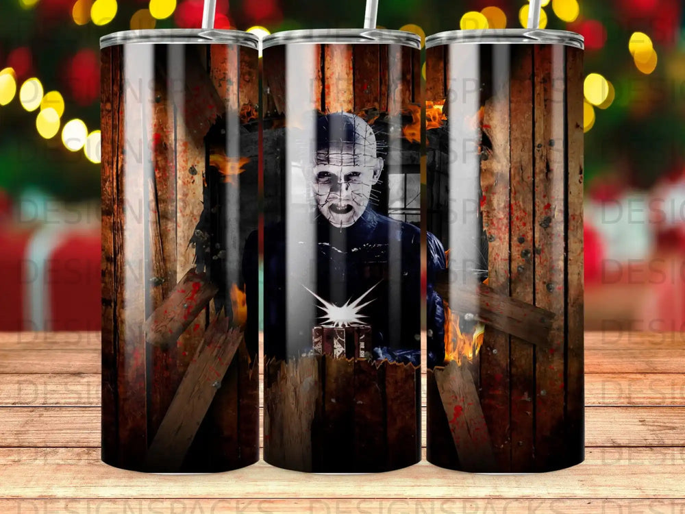 Pinhead character from Hellraiser emerging from a wooden door, holding a glowing box.