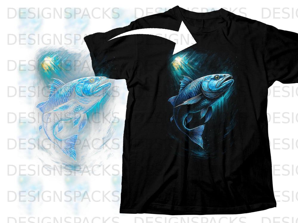 Black t-shirt with a vibrant blue fish design underwater with light rays.