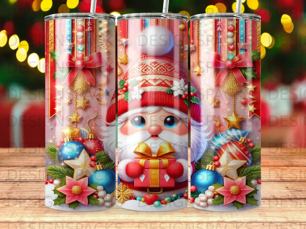 Santa Claus with gifts, ornaments, and poinsettias on a festive background.