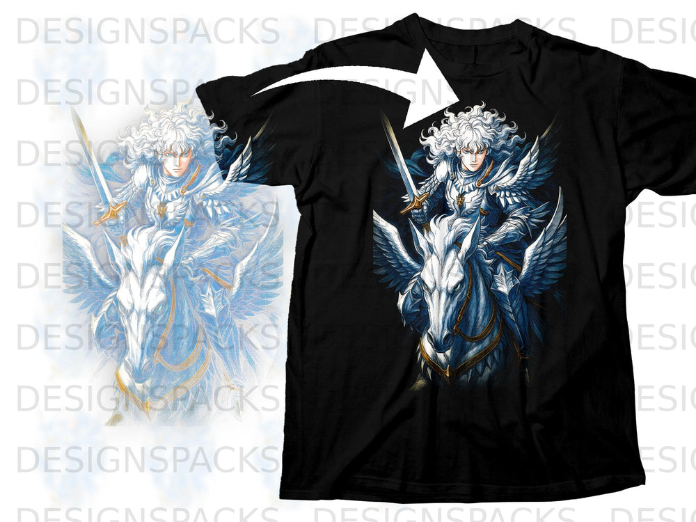 Black t-shirt featuring Griffith on a winged horse with a sword.