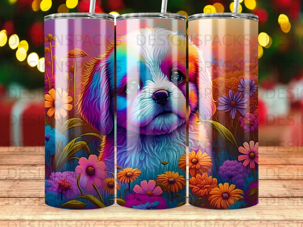 Colorful dog portrait with floral background on three tumblers.