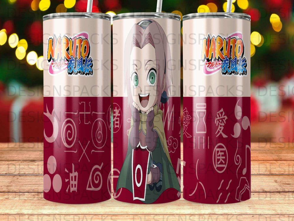 Naruto Shippuden tumbler with Sakura Haruno graphic and Japanese symbols.