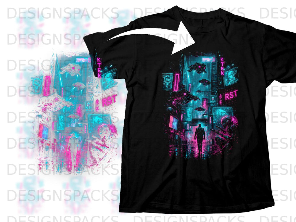 Black t-shirt with a neon cyberpunk city scene featuring flying vehicles and figures.