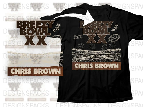Breezy Bowl XX Chris Brown T-Shirt Vintage Black Tee with Palm Graphic Concert Merchandise Unisex Cotton Shirt