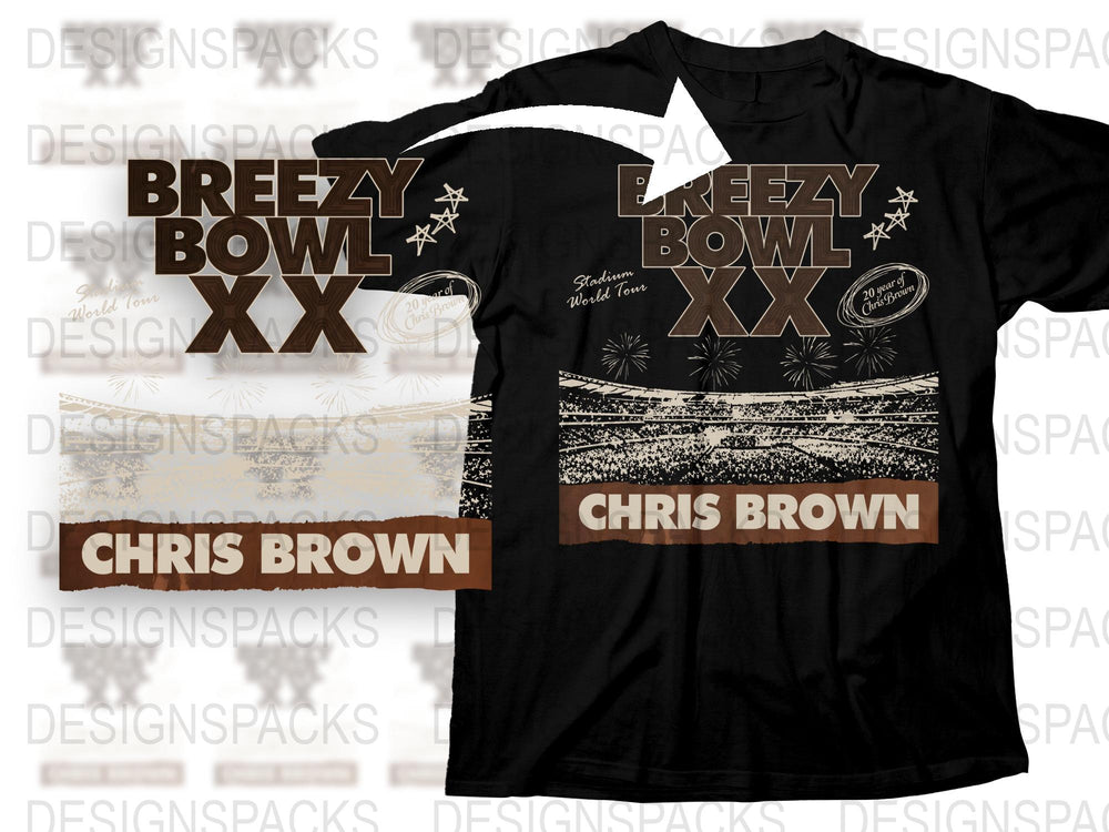 Breezy Bowl XX Chris Brown T-Shirt Vintage Black Tee with Palm Graphic Concert Merchandise Unisex Cotton Shirt