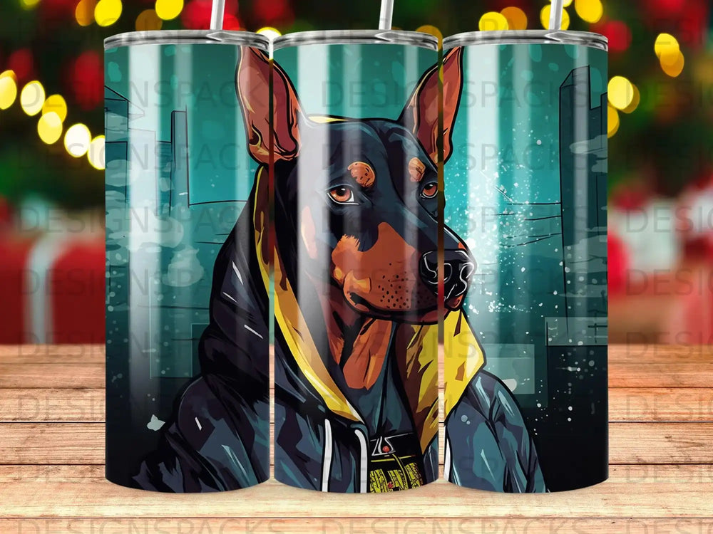 Doberman wearing a hoodie, rendered in a vibrant, graffiti-style illustration.