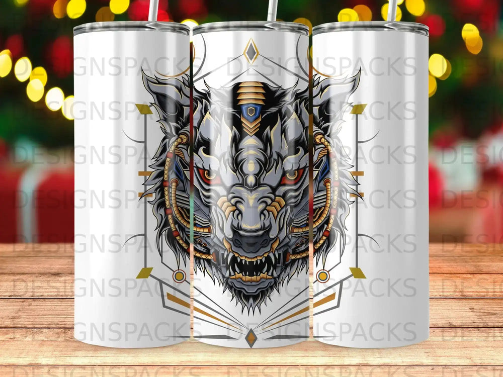 Wolf head illustration on a white tumbler with gold and black geometric details.