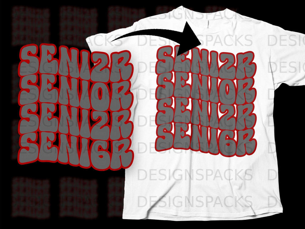 White t-shirt with stacked gray "SENIOR" text design outlined in red.