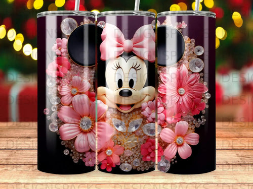 Minnie Mouse with pink flowers, diamonds, and glitter on a dark tumbler.