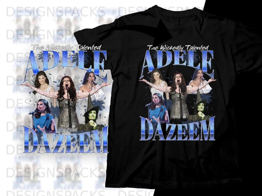 Adele t-shirt design featuring the singer in multiple poses with "The Wickedly Talented Adele" text.
