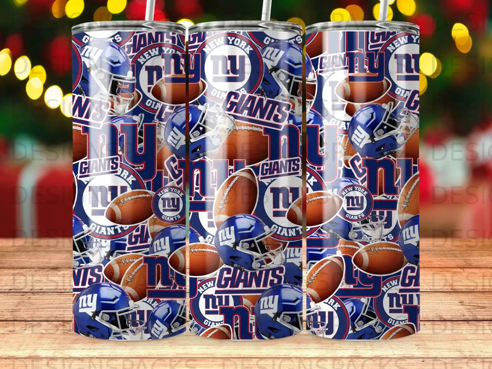 New York Giants helmet and football pattern on three tumblers.