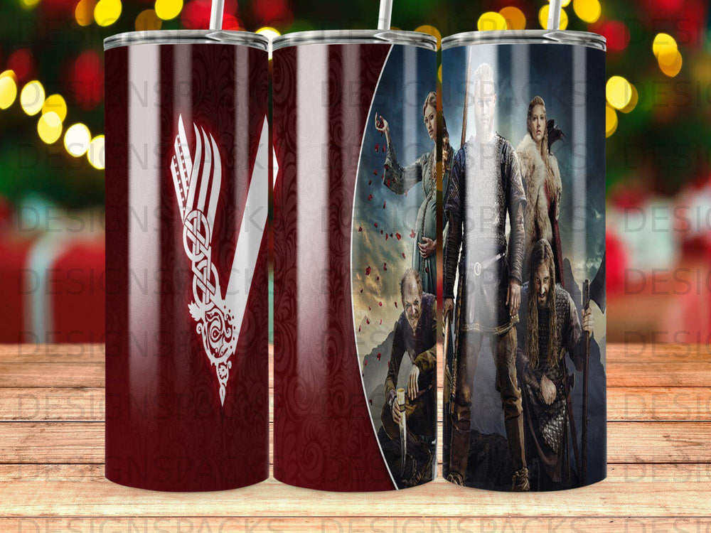 Viking ship design on a tumbler, with a historical Viking illustration on a second tumbler.