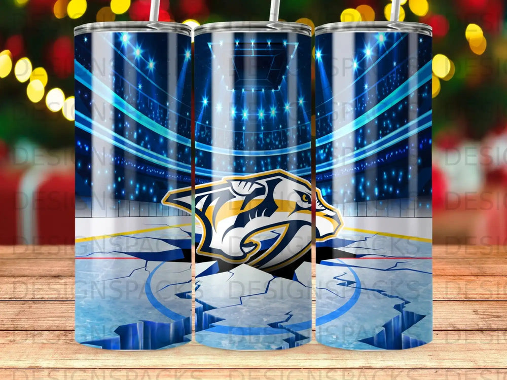 Nashville Predators logo on ice rink with arena lights.