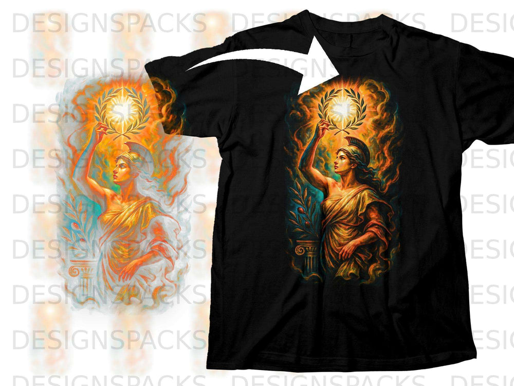 Black t-shirt with a graphic of Athena holding a laurel wreath aloft.
