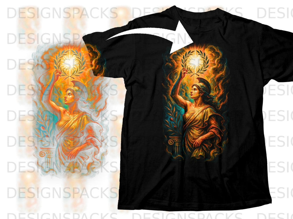 Black t-shirt with a graphic of Athena holding a laurel wreath aloft.