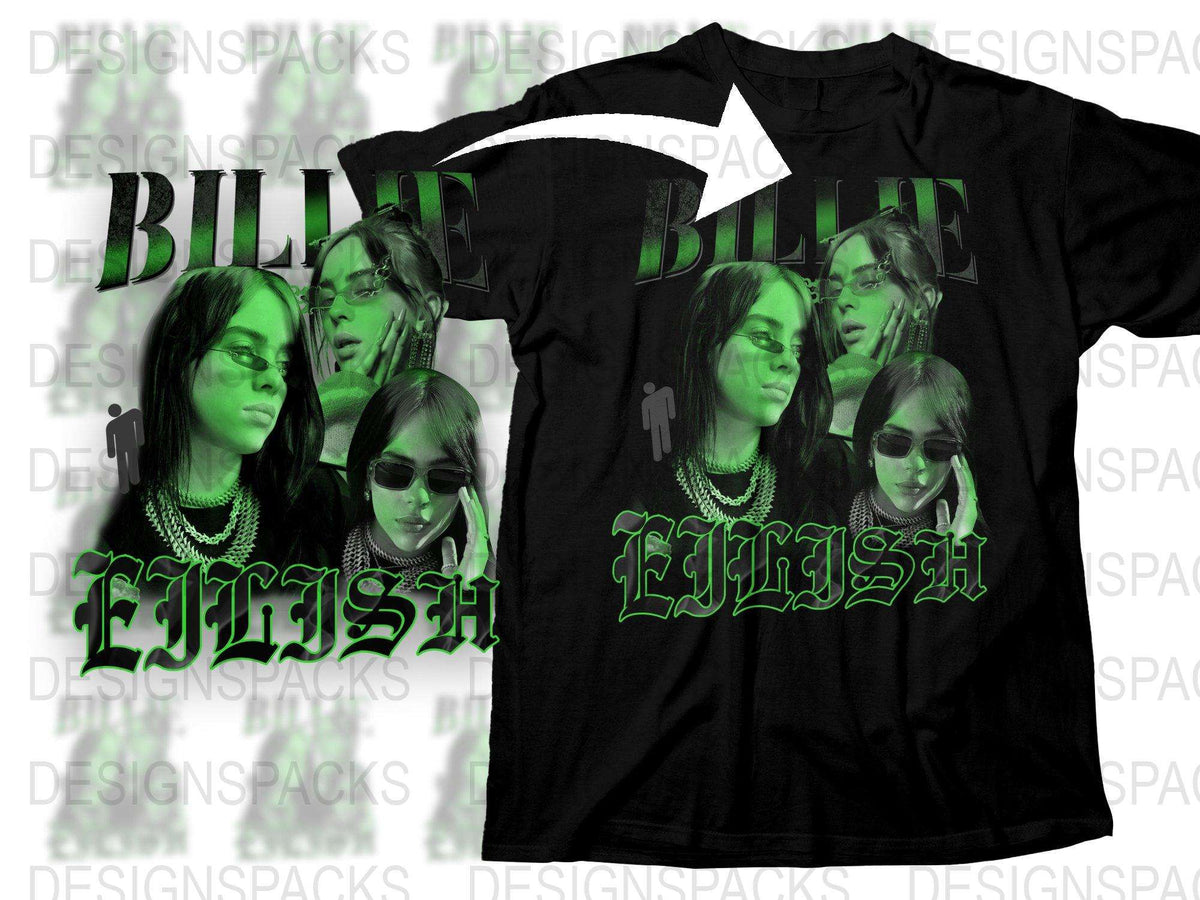 Billie Eilish Inspired Green Graphic T-Shirt, Multiple Portraits Design, Trendy Pop Culture Casual Apparel, Gift for Music Lovers