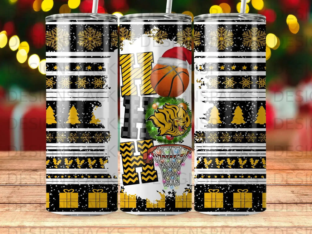 Tumbler with festive holiday and basketball graphics, including a tiger wearing a Santa hat.