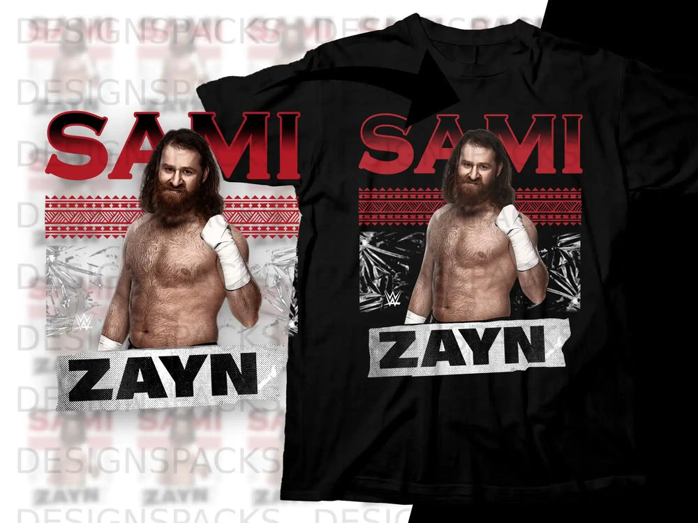 Wrestler Sami Zayn in a black t-shirt, featuring his name and the WWE logo.