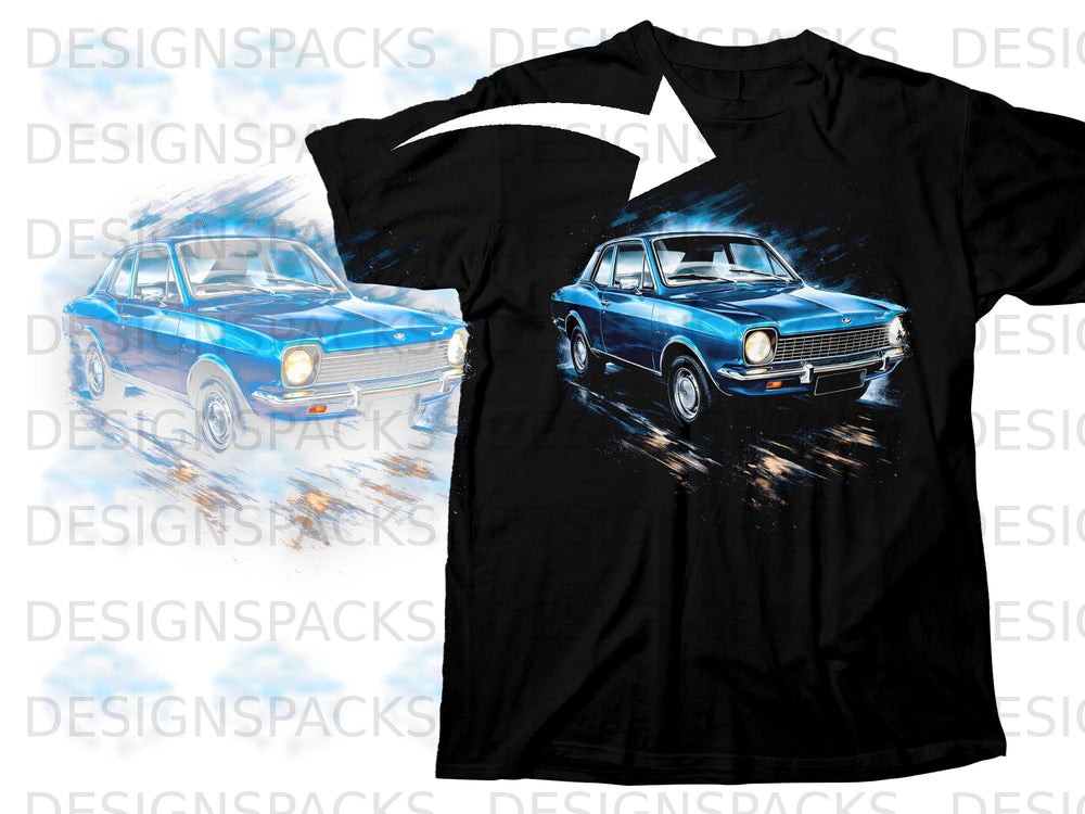 Black t-shirt with blue vintage car graphic and white arrow graphic overlay.