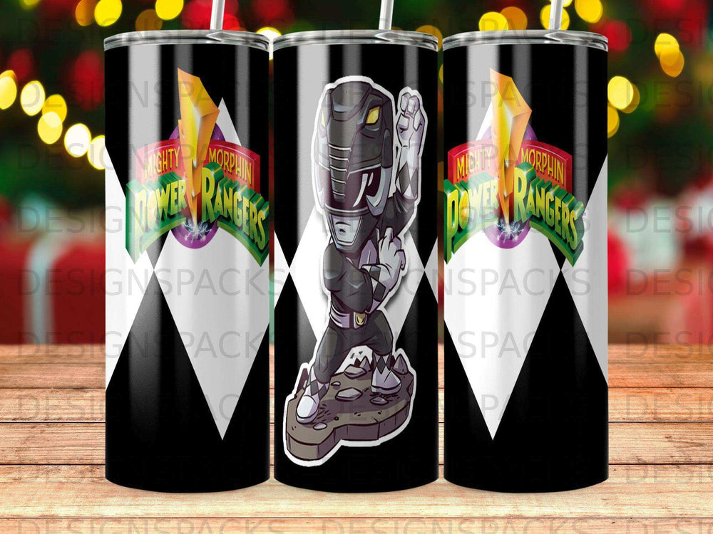 Mighty Morphin Power Rangers Black Ranger graphic on a black tumbler.