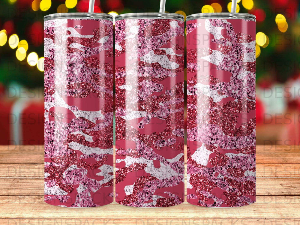 Pink camouflage tumbler with glitter accents.