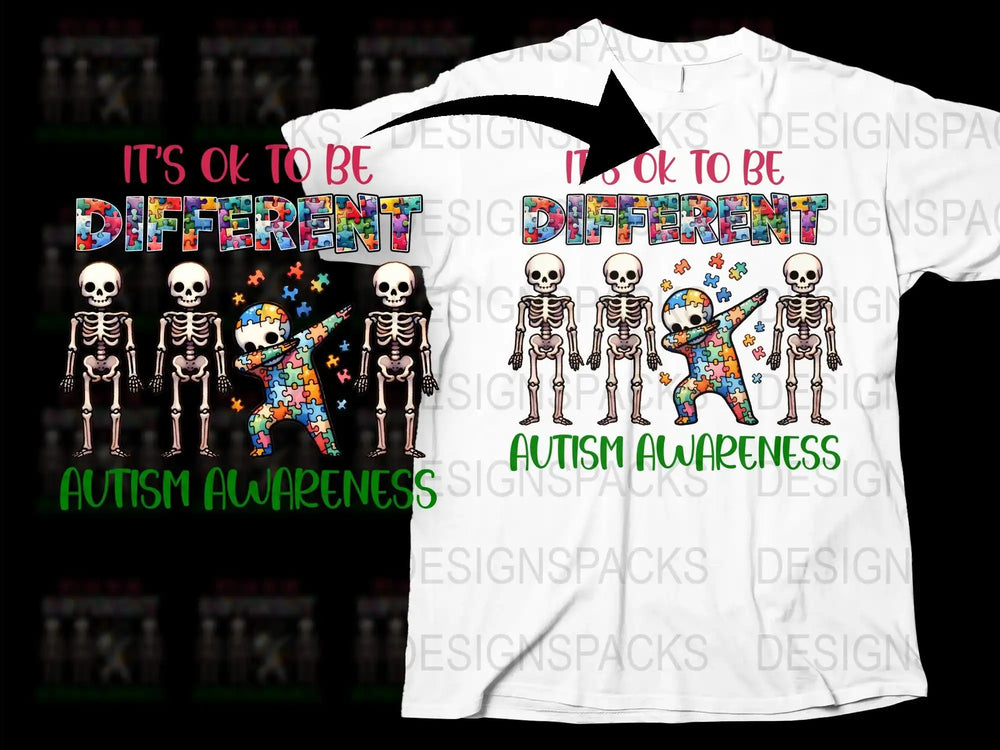 Autism Awareness T-Shirt, It's OK to Be Different, Skeleton Graphic Tee, Colorful Design, Unisex Apparel